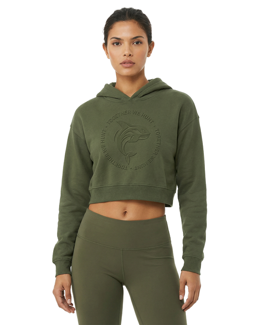 Olive Green Embossed Cropped Hoodie